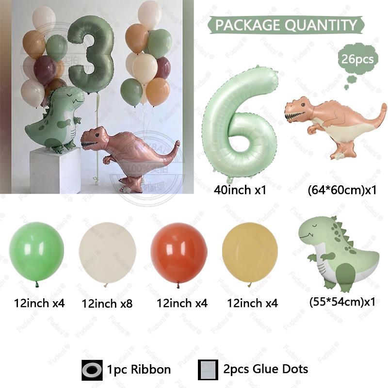 26pcs Tyrannosaurus Rex Cute Dinosaur Balloon Olive Green Number 1-9 Balloon Set Jurassic Theme Birthday Party Decoration