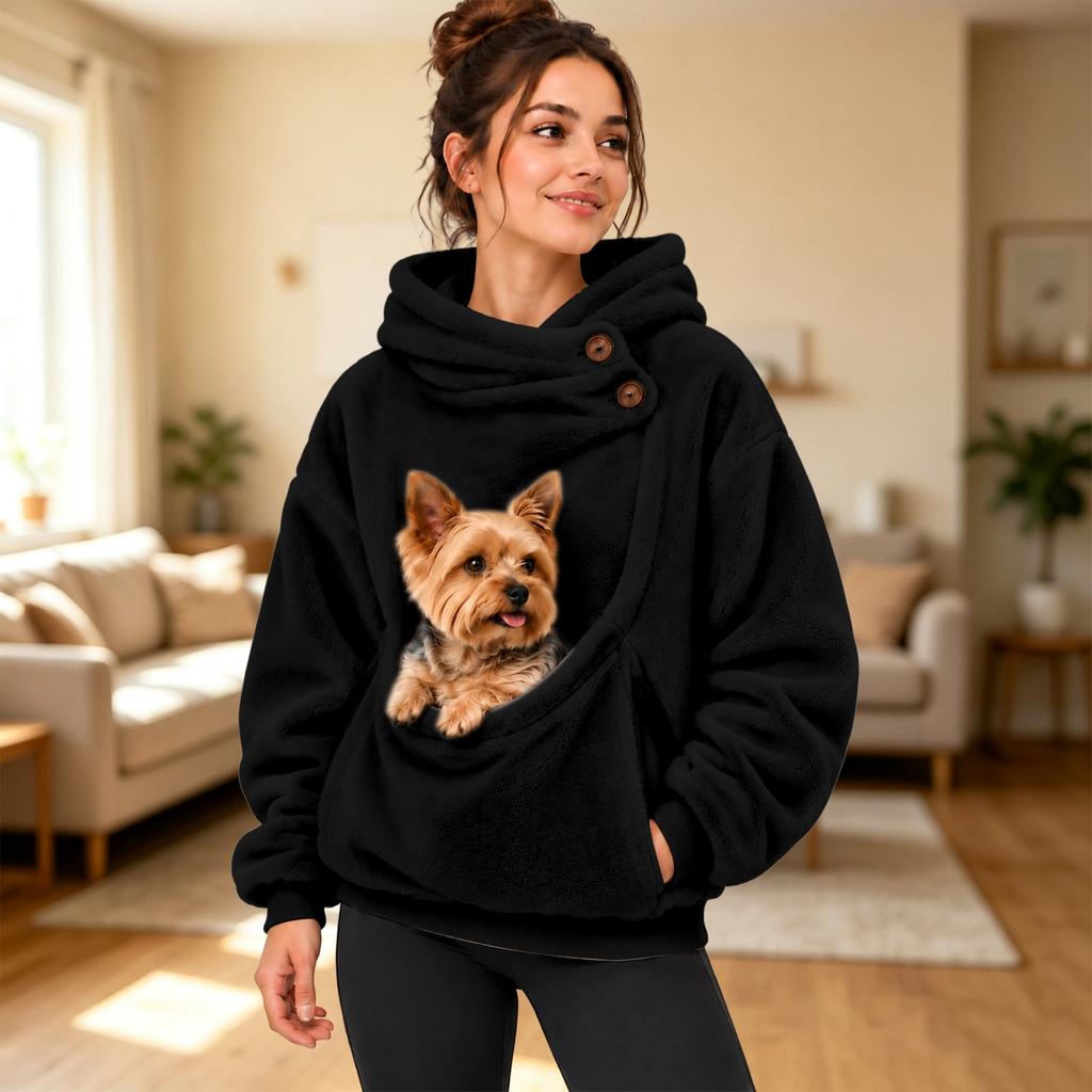 Women's Color Hooded Sweatshirt with Plush Pet Pouch, Loose Fit Zip Pullover Top for Casual Wear