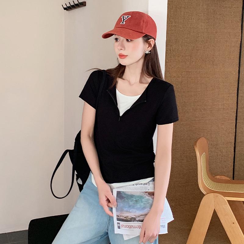 

Женская летняя футболка с коротким рукавом, имитирующая двойку, с открытыми плечами, в корейском стиле, приталенная и тонкая базовая футболка XL чёрный