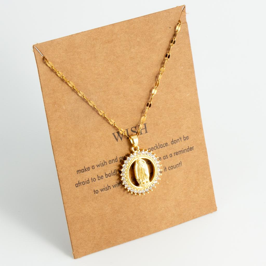 Oval round plaque inlaid with zircon religious pendant for women's party stainless steel Virgin Mary jewelry gift necklace