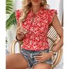 Women Sweet Stand Collar Ruffled Sleeve Flower Print Slim Fit Short Sleeve Shirt