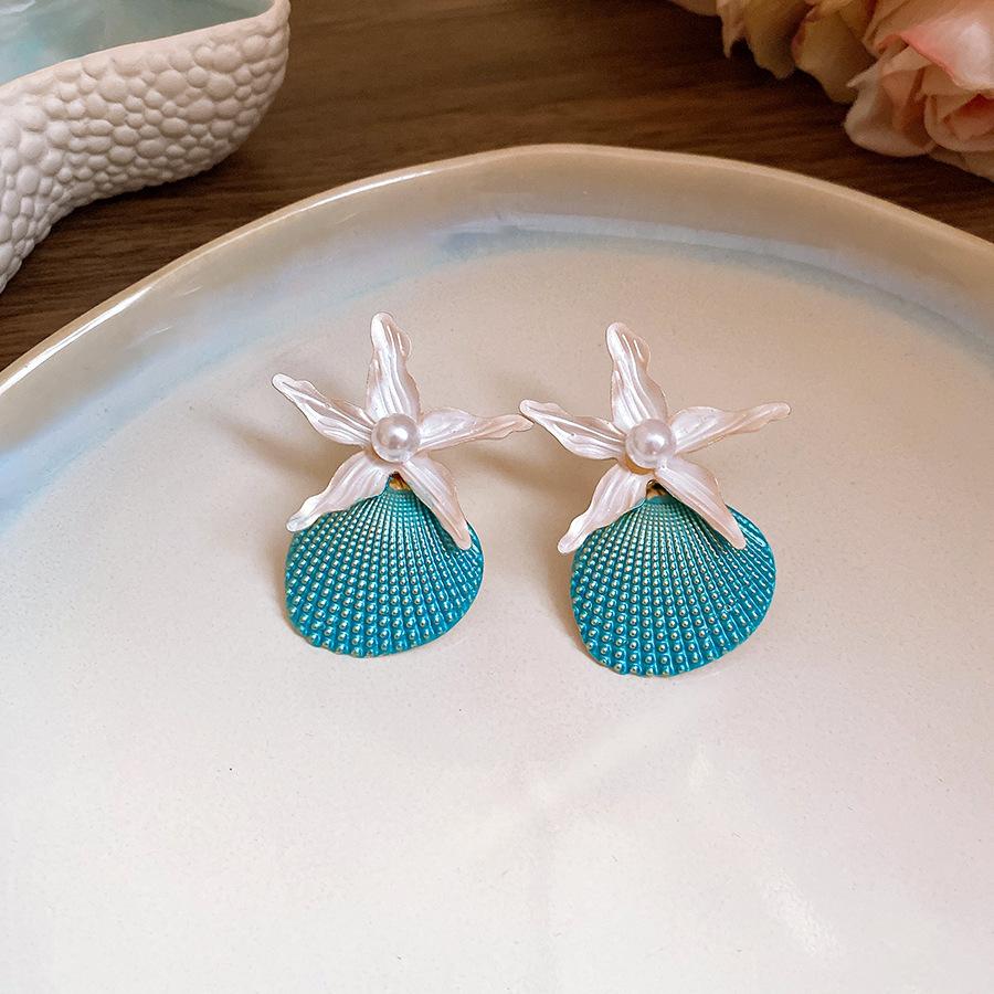 New blue flower fringed earrings, fresh niche design studs, women's summer vacation earrings