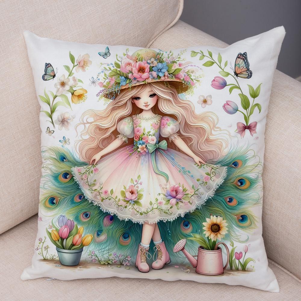 

Peacock Flower Girl Pillow Case Double Print Cushion Cover Decor Cute Cartoon Child Soft Plush Pillowcase for Sofa Home 45x45cm 40x40cm16x16Inch