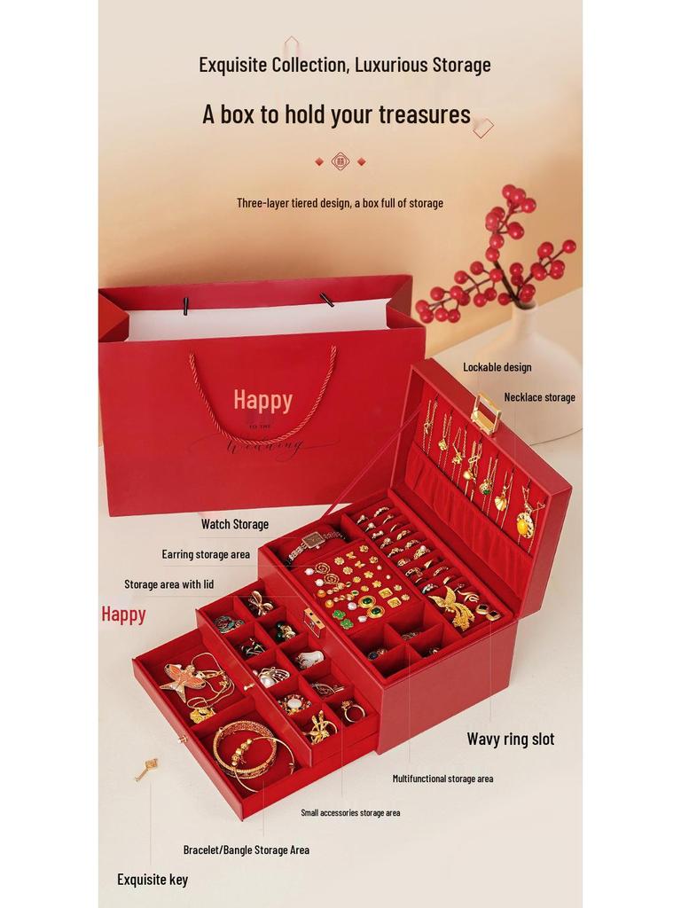 Multilayer Leather Wedding Jewelry Storage Box with Drawers for Necklaces and Rings