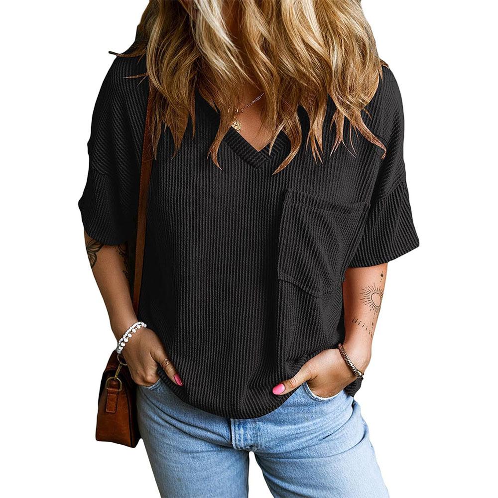 New European and American popular loose V-neck short-sleeved T-shirt European and American women s clothing factory S