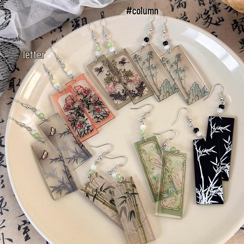 Peony & Bamboo Long Retro Earrings: Chinese Style Creative Acrylic Hooks for Women