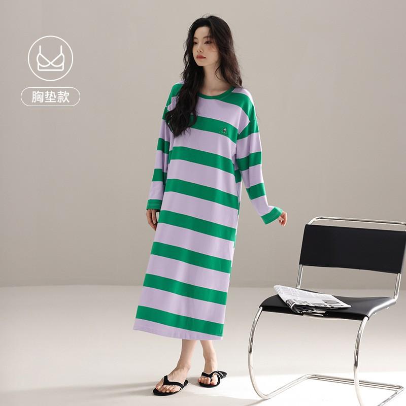 Womens Cotton Long Sleeve Nightgown With Built-in Bra Striped Sleepwear Home Dress