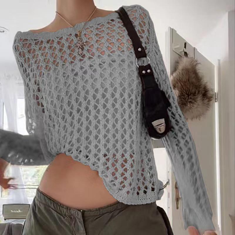 Women's 2026 New American Style Loose Knit Cardigan - Hollow Big Round Neck, Solid Color, See-through Mesh, Long Sleeve.