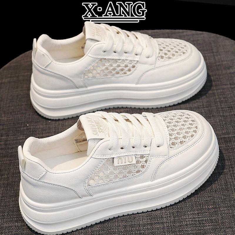 Summer Lace Mesh Breathable Leather Little White Shoes Soft Sole Women's Shoes New Casual Sports Shoes Thick Baseplate Shoes