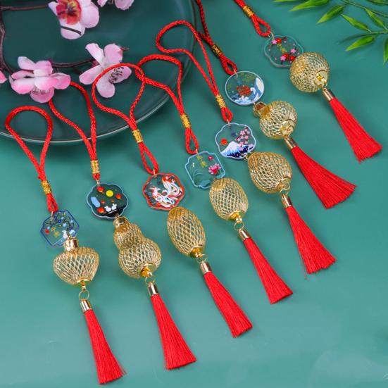 Chinese New Year Decoration Mini Golden Hollow Lantern Ornament Lucky Hanging Tassel Pendant for Fortune Wealth Success Home Kitchen Bonsai Tree Car