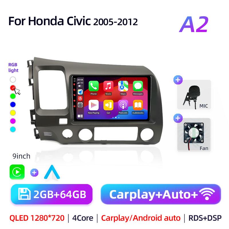 9" Android 12 Carplay Car Stereo Radio for Honda Civic 8 2005 - 2012 Multimedia Player Navigation GPS 2 Din 4G Audio DVD