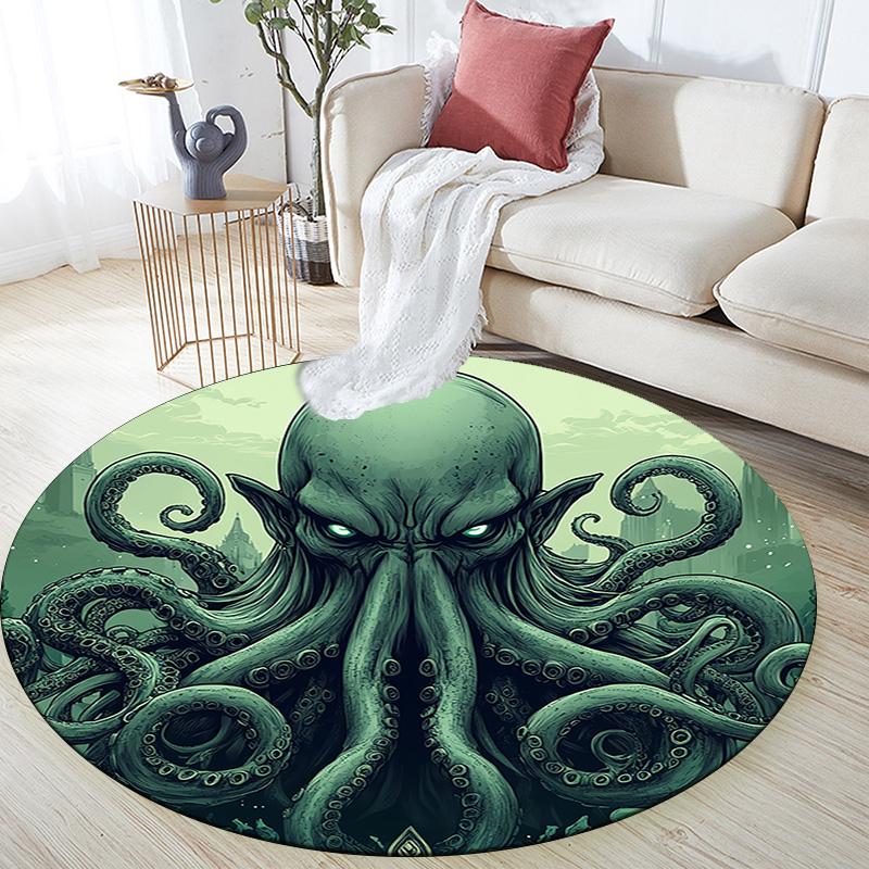 Green Octopus Round Area Rug,Carpet Rug for Living Room Bedroom Sofa Playroom Decor,Non-slip Floor Mat