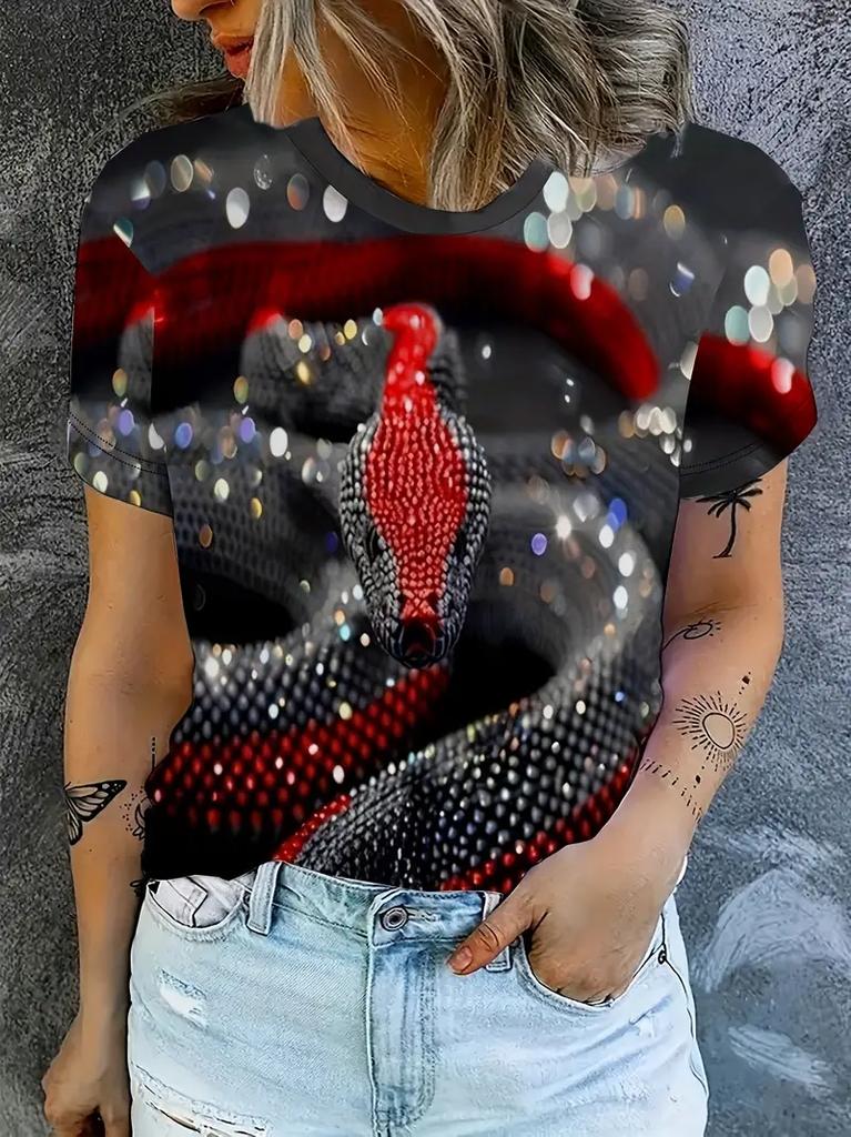 Funny Women's T-shirt Snake Graphic Print Summer Round Neck Short Sleeve Top Outdoor Casual T Shirts Female Plus Size Clothing