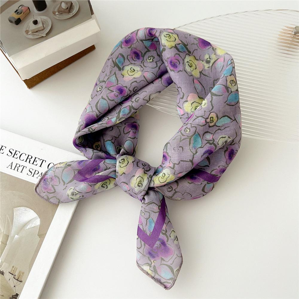 55cm Girls Cotton Linen Spring Square Scarf for Women Chic Headband Fashion Decorative Hairband Floral Neck Scarf