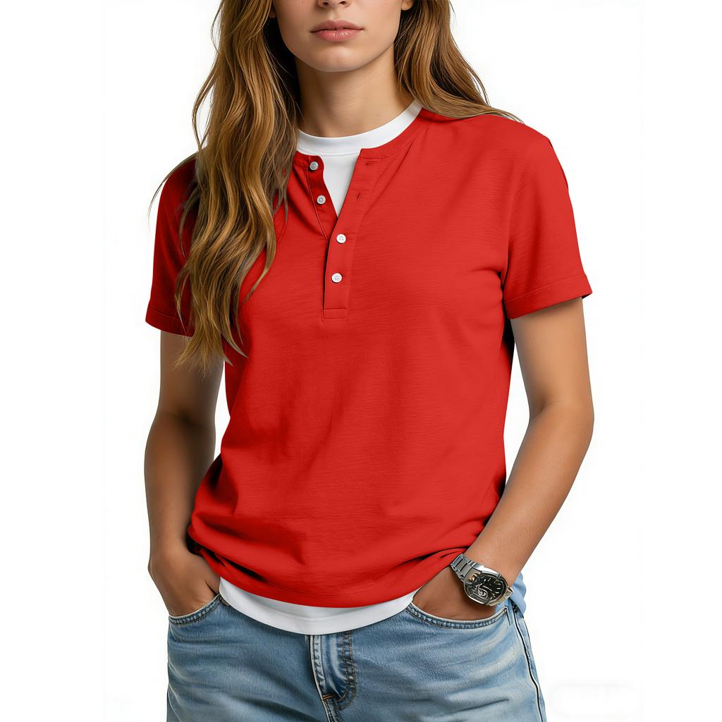 Women's Casual Color V,neck Short,sleeved T,shirt With Decorative Buttons.
