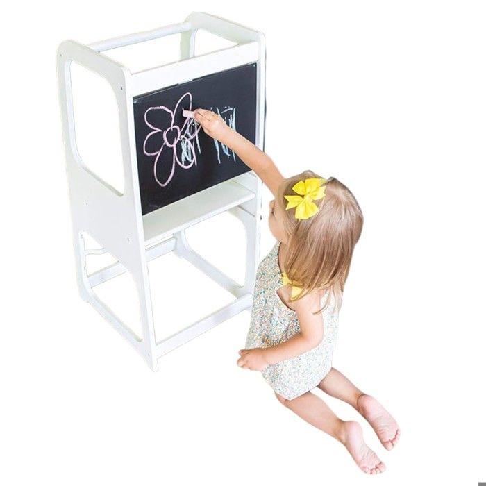 Montessori Learning Tower GINGER HOME White with Blackboard and Adjustable Height – Educational Furniture for Children 1 To 4 Years