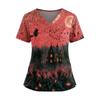Women's Halloween Print V Neck Short Sleeve Nurse Top with Dual Pockets and Side Slits Medical Uniform Shirt for Caregivers