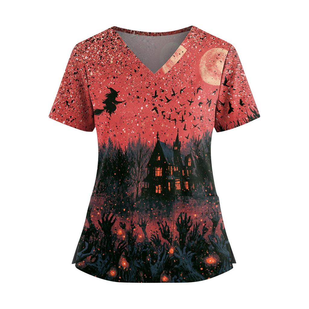 Women's Halloween Print V Neck Short Sleeve Nurse Top with Dual Pockets and Side Slits Medical Uniform Shirt for Caregivers