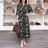 ZANZEA  Women Elegant Stand Neck 3/4 Sleeve Loose Floral Printed Swing Long Dress