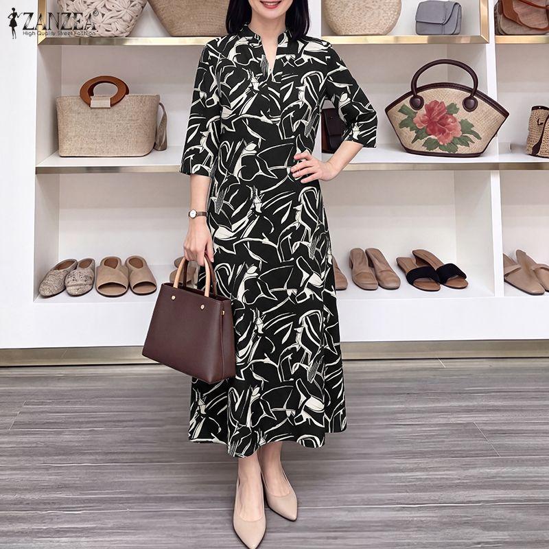 ZANZEA Women Elegant Stand Neck 3/4 Sleeve Loose Floral Printed Swing Long Dress