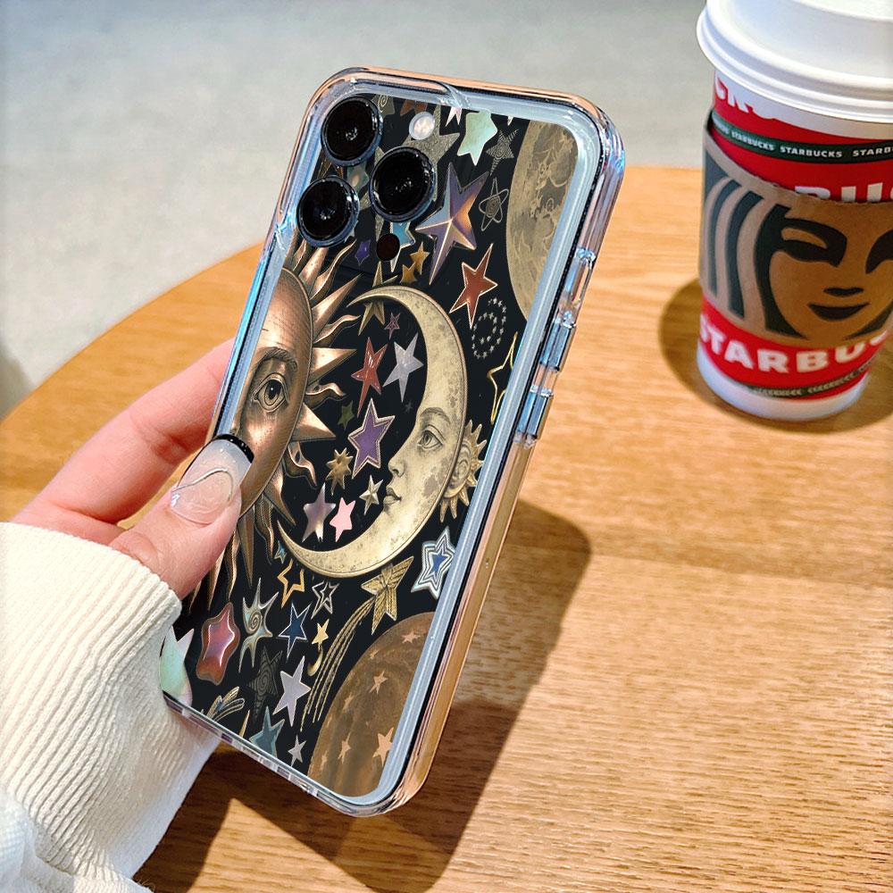 Vintage Sun Moon and Stars Phone Case for IPhone 14 15 16 17 13 12 11 Pro Max  Plus 12 13 Mini TPU Protect Cover