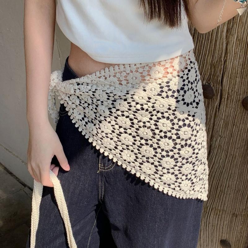 Women Hollow Out Lace Triangle Scarf Skirt Stylish Mini Hip Curtain Bohemian Head Wrap for Vacation Festivals Summer