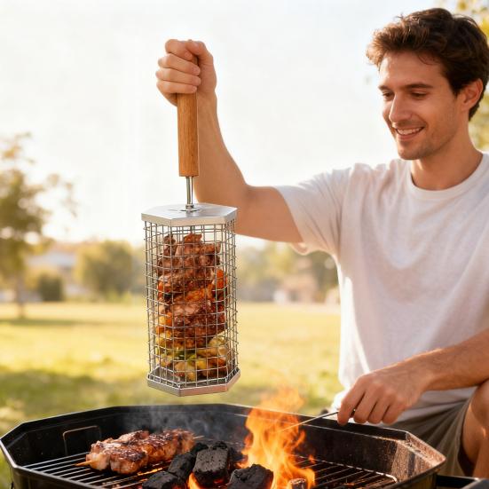 Robuster Grillkorb aus Edelstahl mit Deckel, abnehmbarem Holzgriff und Rollen