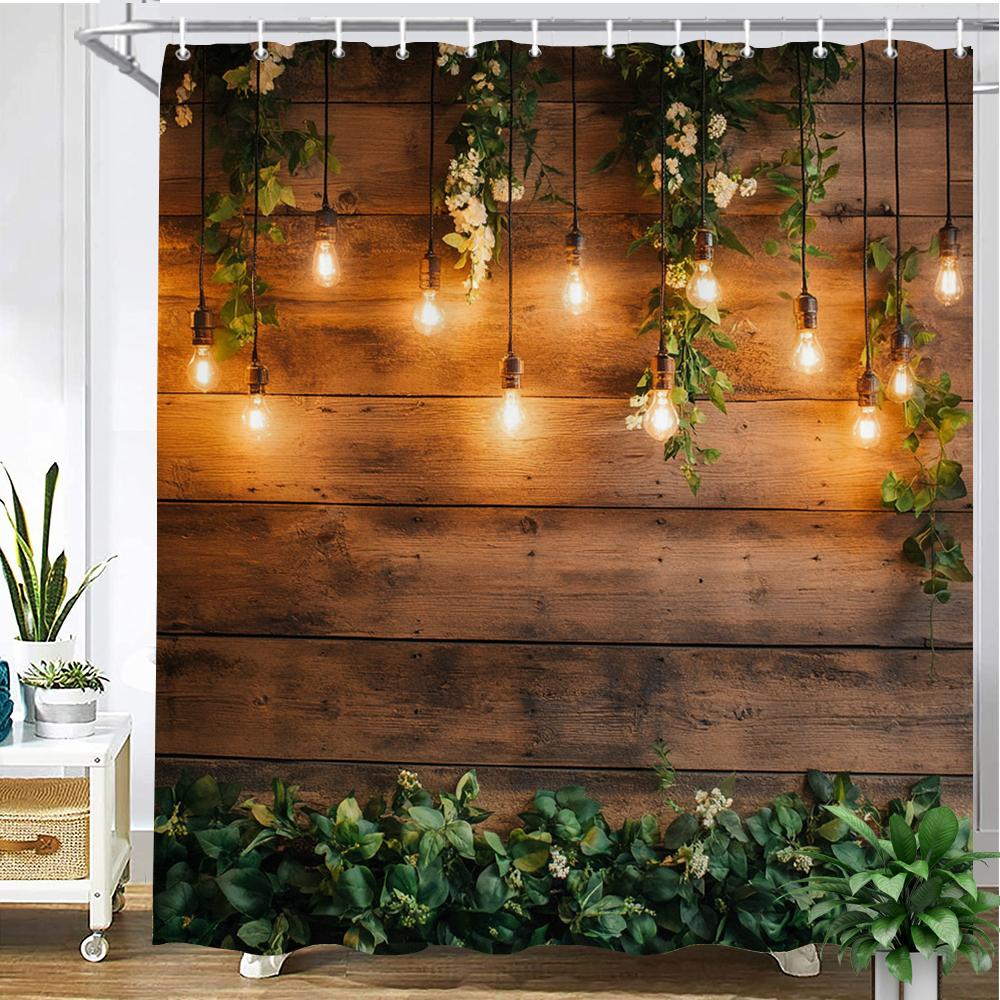 

Country retro wooden board printed fabric shower curtain, Pastoral wood plant pattern bathroom curtain decoration, with hooks W90xH180cm