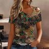 Women Leopard Print Cold Shoulder Short Sleeve T Shirt Irregular Cutout Neck Casual Summer Blouse Top