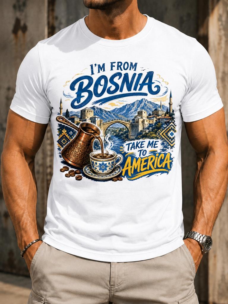 M From Bosnia Take Me To America Bosnian Coffee Pot Cup Mountain Bridge Folk Pattern Pride Unisex Unisex All TShirt