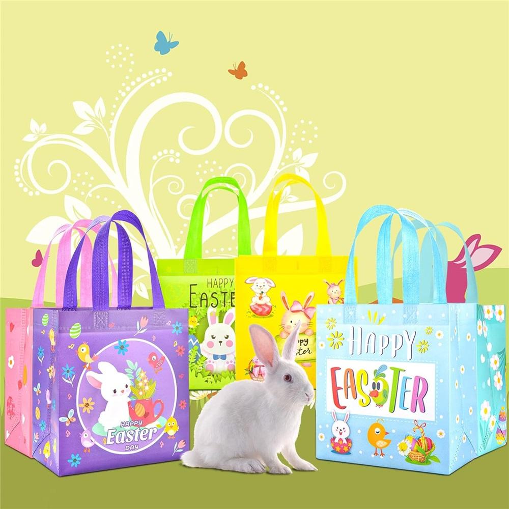 Easter Bunny Bag Set – 6/12 Pack Reusable Non-Woven Egg Hunt Bags For Kids With Handles – 23x22x11cm, 6 Vibrant Designs