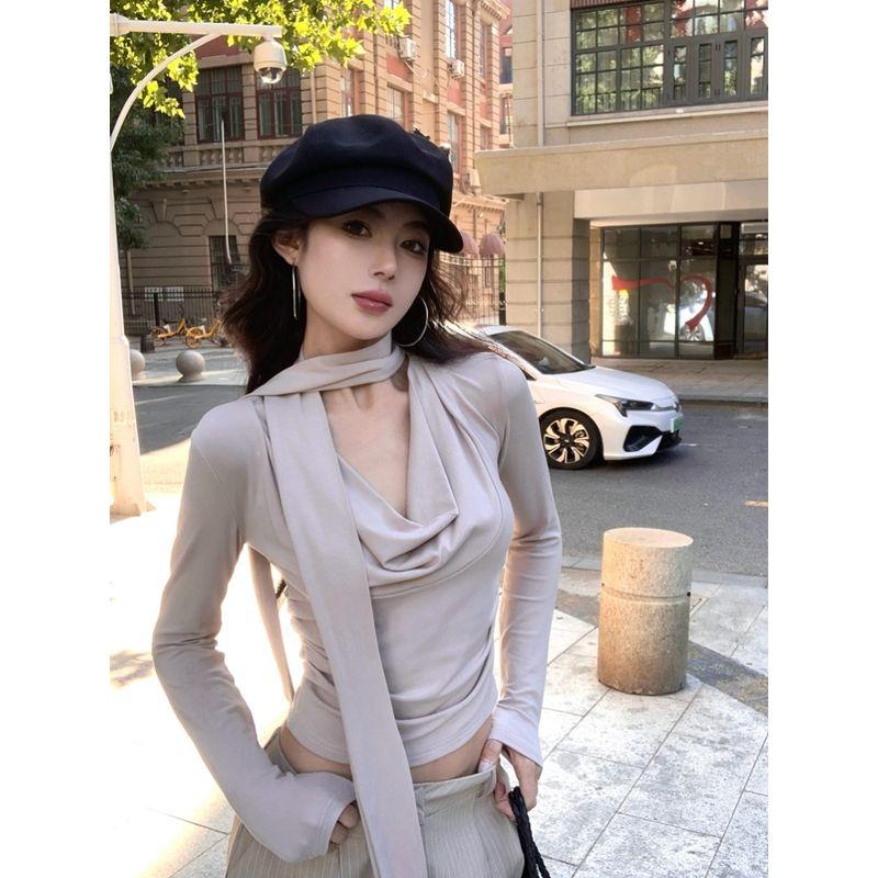 Kumikumi Sexy Wind Black Streamer V Neck Long Sleeves T-shirt Women's Autumn All-Matching Slim Fit Slimming Sexy Top