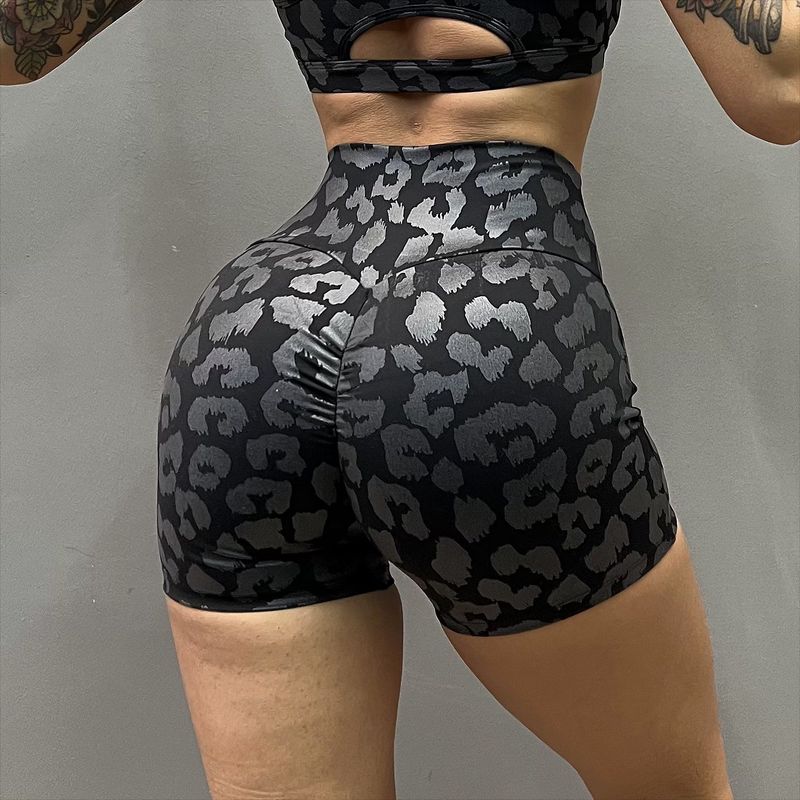 

Rgnana Fashion Fitness Yoga Sports Bra Shockproof Push-up Intimates Print Leopard Print High Waist Hip Lift Peach Pants Black Shorts M