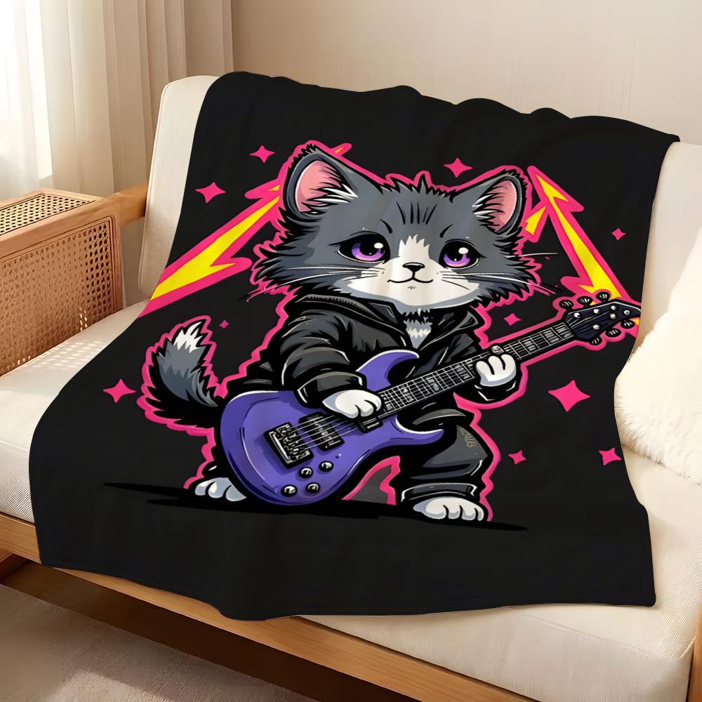 Art R-Rock G-Guitar Cat Throw Flannel Blanket Suitable for Sofas Beds Offices Travel, Camping Chairs