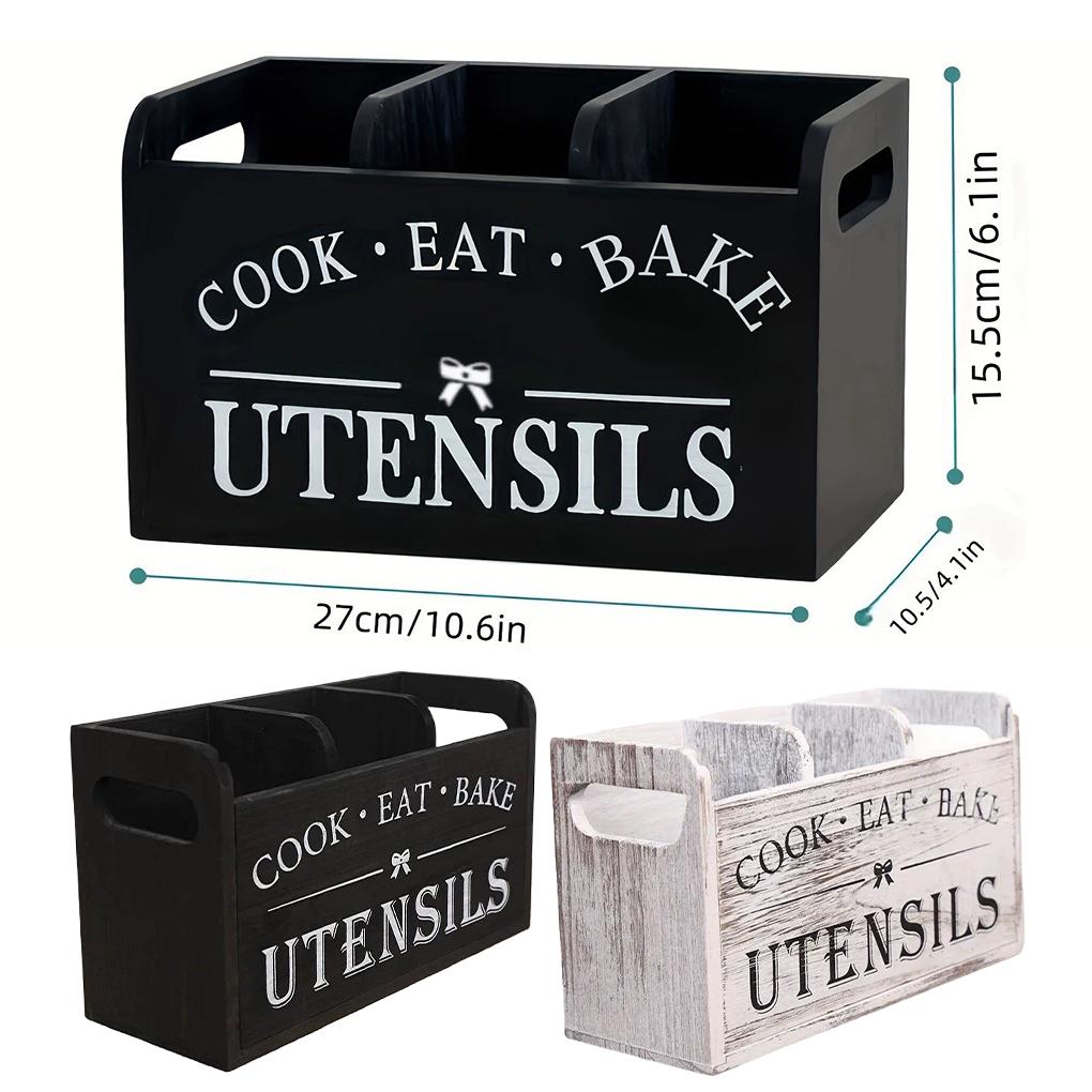 Porte-couverts en bois 3 compartiments égouttoir à vaisselle rangement cuillères organisateur ustensiles de cuisine porte-argenterie de cuisine