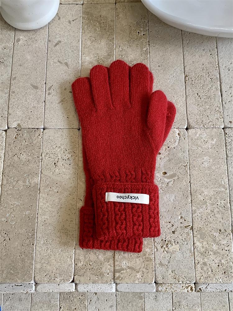 Women's Pink Wool Blend Knitted Gloves - Korean Style Cute Windproof Winter Cycling Gloves