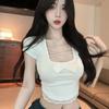 Bow Lace Short T-shirt Women Summer New Sexy Slim U-neck Short Sleeve Top