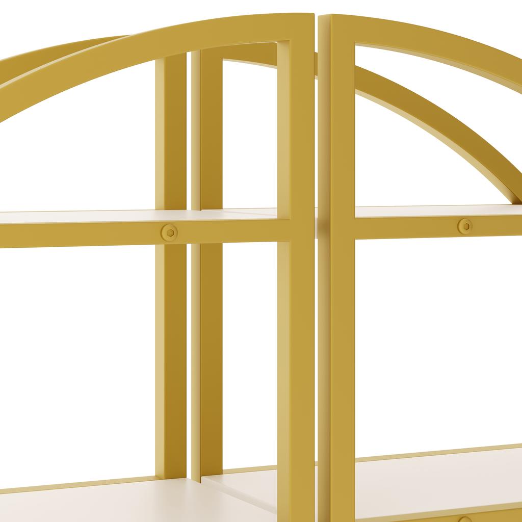 120×30×130 Cm Round Arch Standing Shelf – 2-Piece Metal Bookshelf with Gold Frame & 4 White MDF Shelves, for Living Room, Kitchen & Decoration