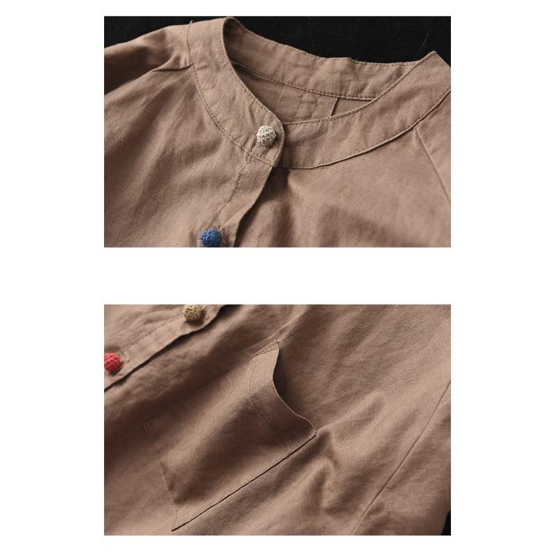 Koszula damska wiosenna vintage z bawełny i lnu, literacka, luźna, z długimi rękawami i klapami, wszystko na górze