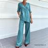 2026 Women's Cotton Linen Solid V-Neck Blouse & Loose Pants Set