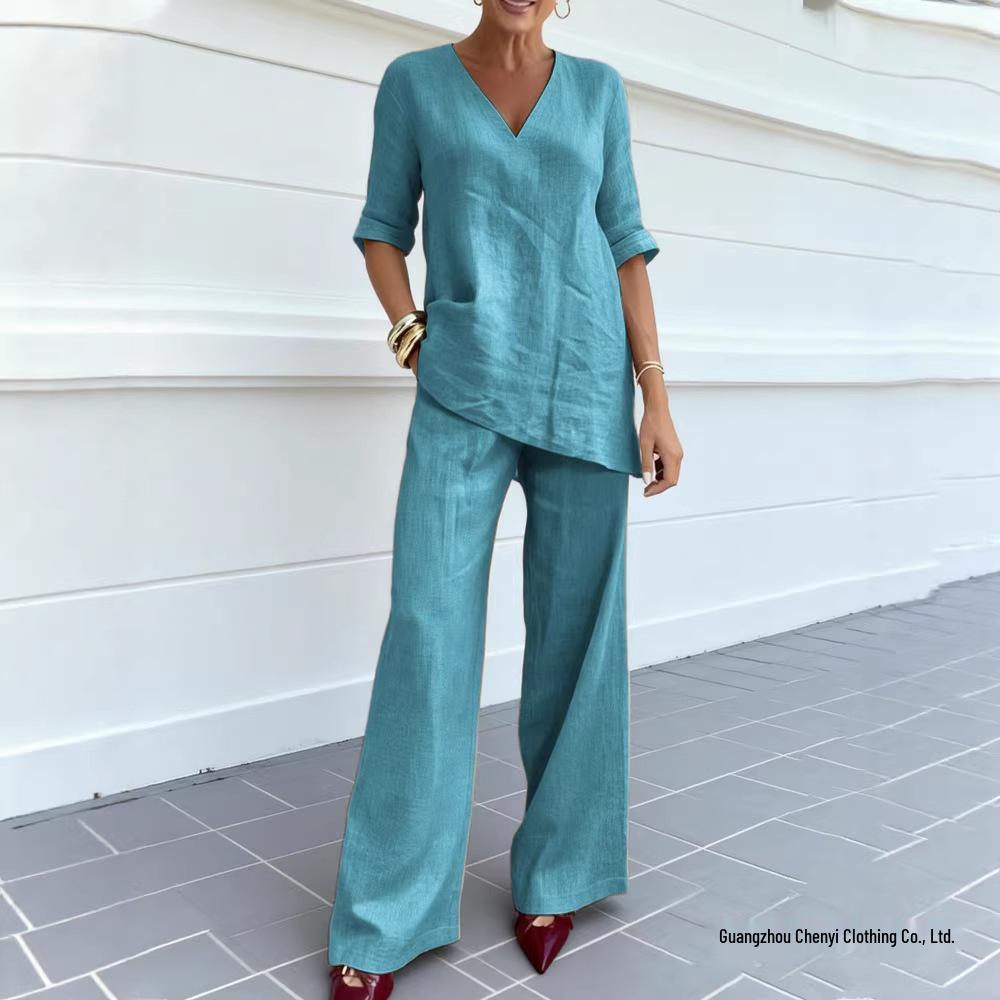 2026 Women's Cotton Linen Solid V-Neck Blouse & Loose Pants Set