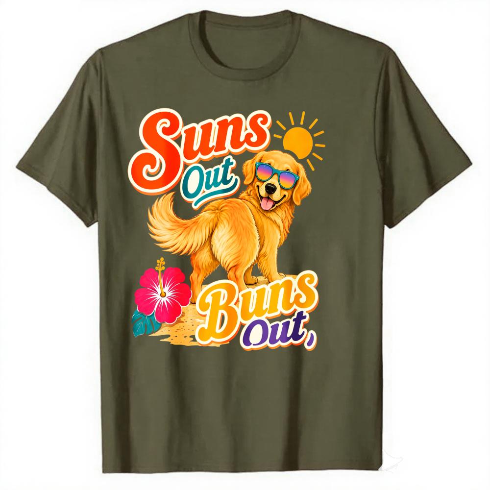 Summer Golden Retriever Dog Graphic T Shirt Suns Out Buns Out Funny Beach Tee Tropical Hibiscus Sun Print Crew Neck Oversized