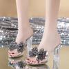 Fashion Rimocy High Heels Crystal Bowtie Slippers Women 2025 Summer Open Toe Transparent Pvc Sandals Woman Clear Heeled Party Slides
