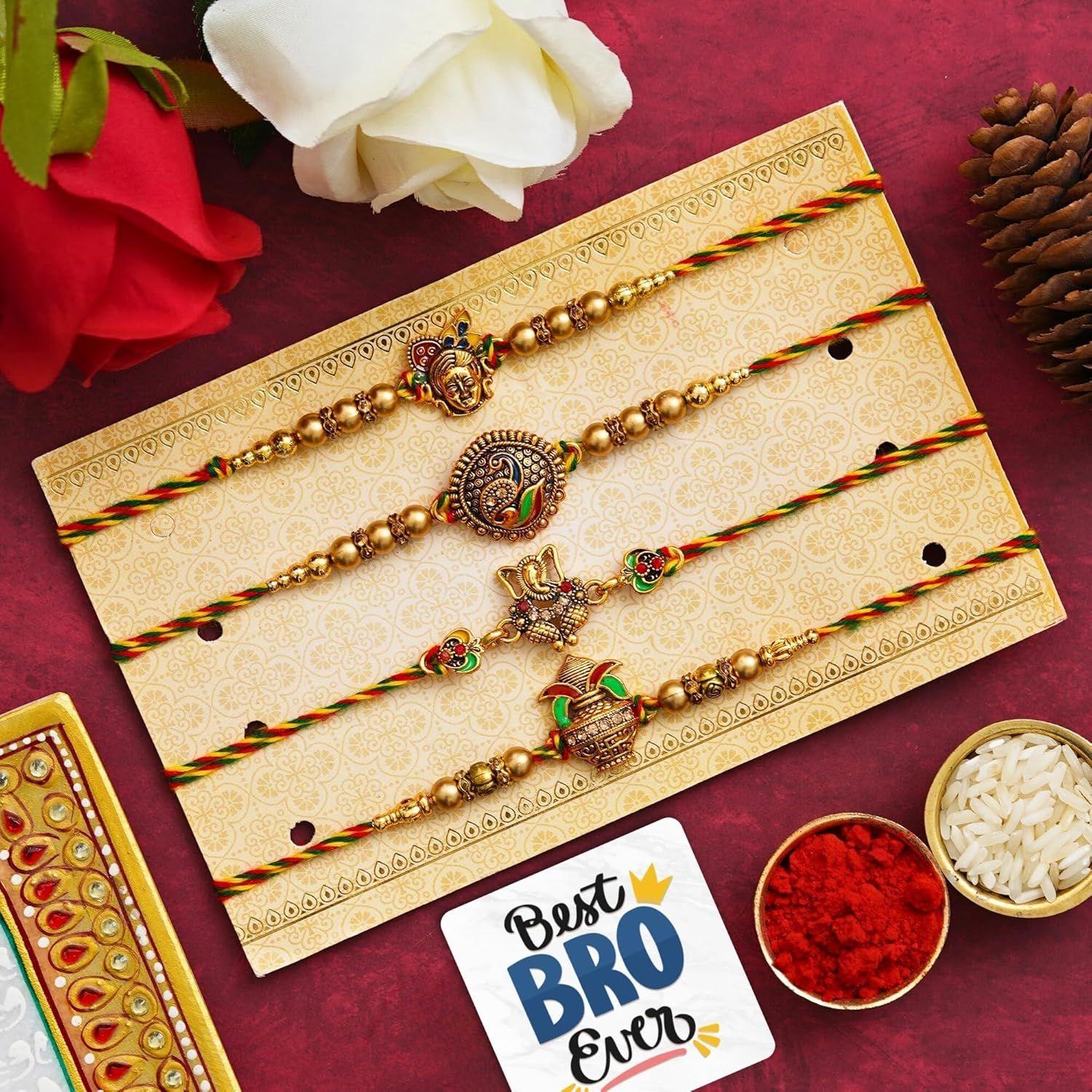 

Набор из 4 дизайнерских ракхи с изображением Господа Ганеши, павлина, Кришны и Калаша с набором Роли Чавал и магнитом на холодильник «Лучший брат на свете» - Ракхи для брата