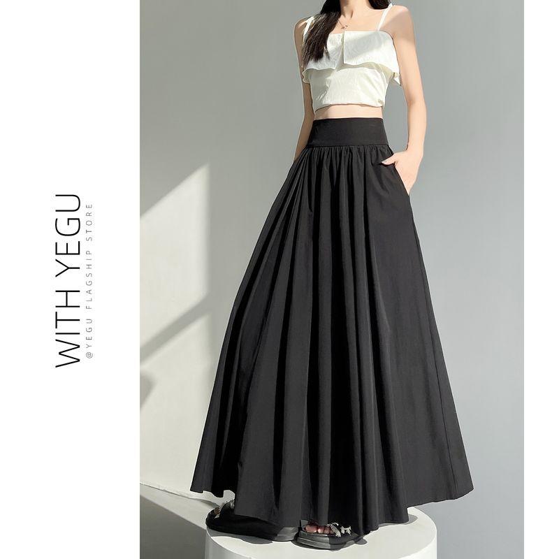 

Black Suit Pleated Skirt Women s Summer Temperament High Waist A- line Big Hem Dress Draping Effect over-the-Knee Waist Dress Black S(/Length 90)