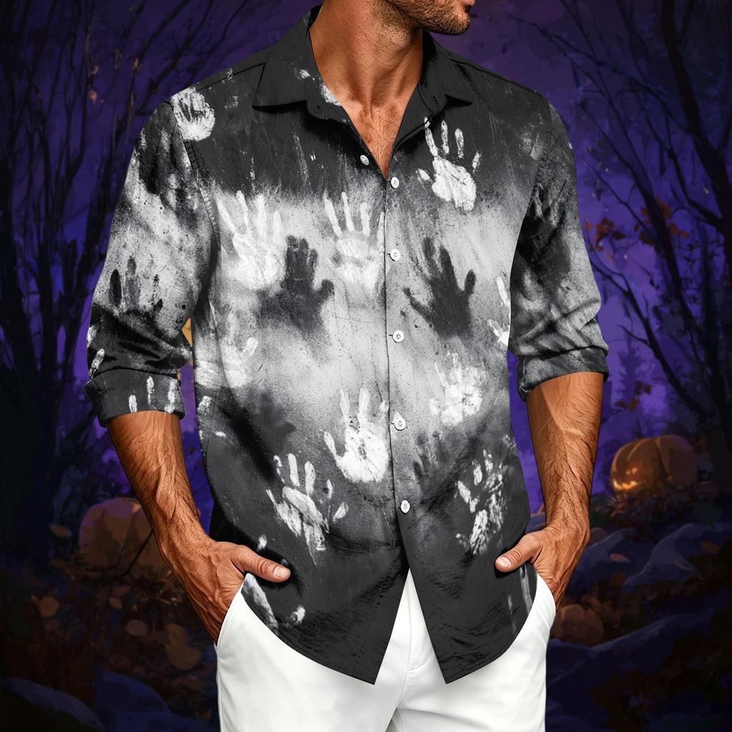 Men's Casual Long Sleeve Shirt with Halloween Print for Spring and Fall