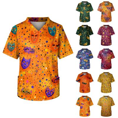 Erkek Baskılı Kısa Kollu V Yaka Çalışma Bluzu Göğüs Cepli Bakıcı Üst