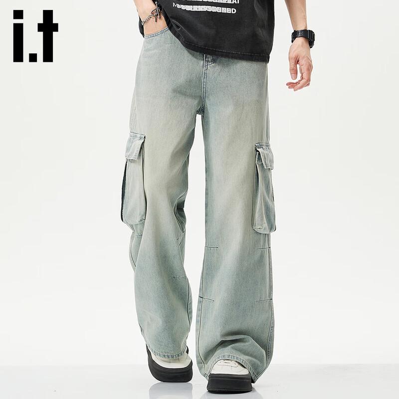 Izzue Men's American High Street Loose Straight-Leg Workwear Jeans