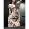 Spring Autumn Vintage Butterfly Printing Waist Slim Dress Women Long Sleeve Casual Bodycon Robe Vestidos