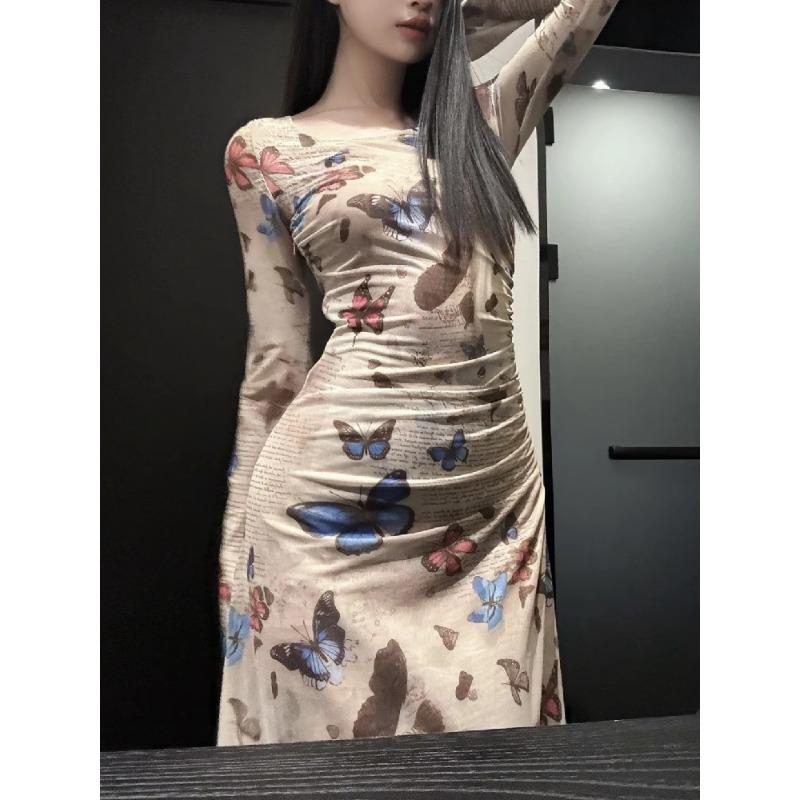 Spring Autumn Vintage Butterfly Printing Waist Slim Dress Women Long Sleeve Casual Bodycon Robe Vestidos